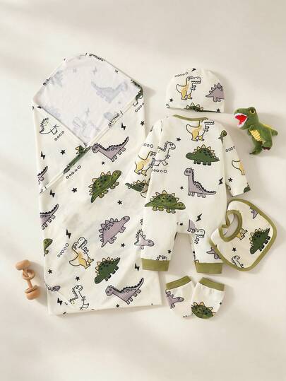 Vêtements pour nourrissons nouveau-nés, imprimé mignon de petit dinosaure, boîte cadeau confortable, ensemble de literie printemps-été, barboteuse bébé blanc unisexe pour nouveau-né et fête de la pleine lune