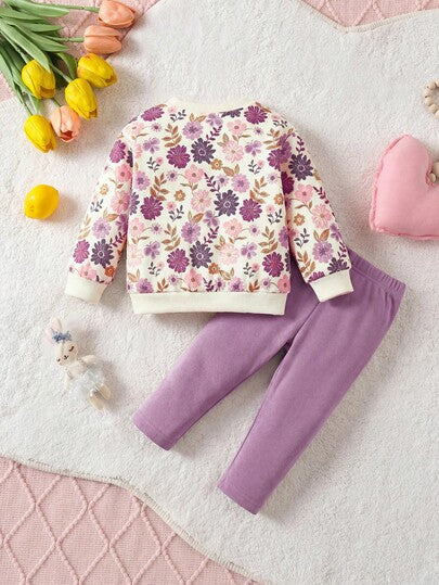 Ensemble nouveau-né fille mignon et décontracté, sweat-shirt à manches longues en tricot à motif floral, pantalon long à taille élastique