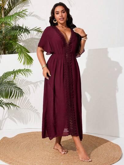 Swim Vcay Robe de plage décontractée pour femmes grandes tailles, une pièce, avec fente latérale et patchwork en dentelle, pour les vacances