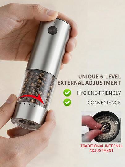 Moulin à sel et poivre électrique premium, outil de cuisine, cadeau de fête parfait, aluminium & acier inoxydable deux matériaux, 3 ensembles simple/double/base de rangement, taille de broyage réglable de l'extérieur, rechargeable Type-C, lumière LED s'al