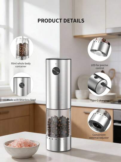 Moulin à sel et poivre électrique premium, outil de cuisine, cadeau de fête parfait, aluminium & acier inoxydable deux matériaux, 3 ensembles simple/double/base de rangement, taille de broyage réglable de l'extérieur, rechargeable Type-C, lumière LED s'al