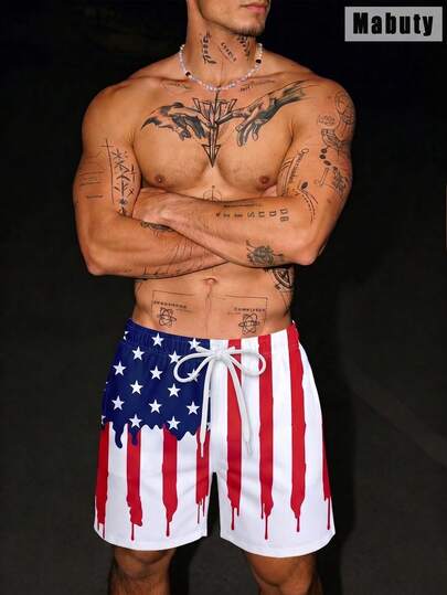 Short de bain pour homme avec imprimé drapeau américain, design tie-dye patriotique, taille à cordon de serrage, poches latérales, short de plage de sport