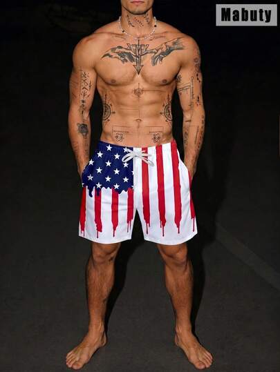 Short de bain pour homme avec imprimé drapeau américain, design tie-dye patriotique, taille à cordon de serrage, poches latérales, short de plage de sport