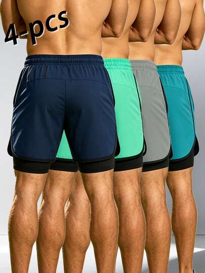 4 pièces Shorts de sport 2-en-1 pour hommes, shorts d'entraînement, shorts de course avec doublure anti-frottement