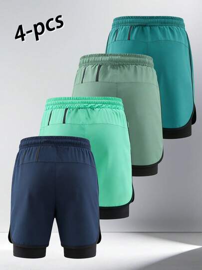 4 pièces Shorts de sport 2-en-1 pour hommes, shorts d'entraînement, shorts de course avec doublure anti-frottement