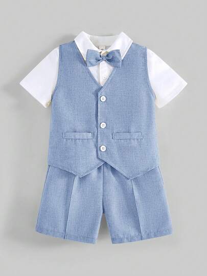 3 pièces Ensemble de gentleman pour jeunes garçons, chemise blanche à manches courtes, t-shirt, gilet et short, parfait pour fête d'anniversaire, baptême