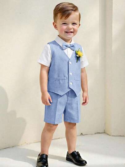 3 pièces Ensemble de gentleman pour jeunes garçons, chemise blanche à manches courtes, t-shirt, gilet et short, parfait pour fête d'anniversaire, baptême
