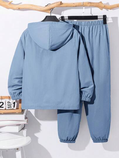 2 pièces Ensemble 2 pièces pour enfants garçons, décontracté, polyvalent, confortable, patchwork, à capuche, demi-zip, pull ample à manches longues & pantalon ample à ourlet élastique, tissé, convient pour l'école, le jardin, la plage, l'anniversaire, le