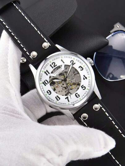 1 pièce Montre mécanique automatique pour hommes LONGLUX, montre de pilote vintage à cadran ajouré et luminescent avec bracelet , convient pour le port quotidien et comme cadeau de vacances