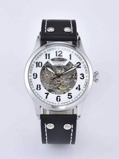 1 pièce Montre mécanique automatique pour hommes LONGLUX, montre de pilote vintage à cadran ajouré et luminescent avec bracelet , convient pour le port quotidien et comme cadeau de vacances