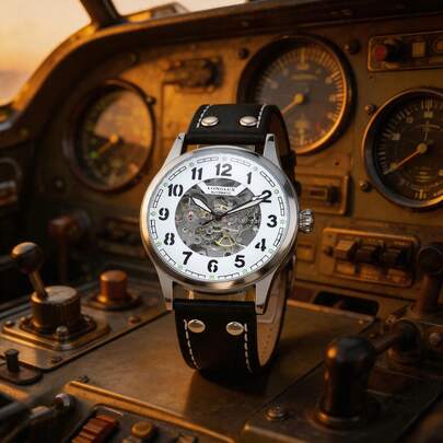 1 pièce Montre mécanique automatique pour hommes LONGLUX, montre de pilote vintage à cadran ajouré et luminescent avec bracelet , convient pour le port quotidien et comme cadeau de vacances