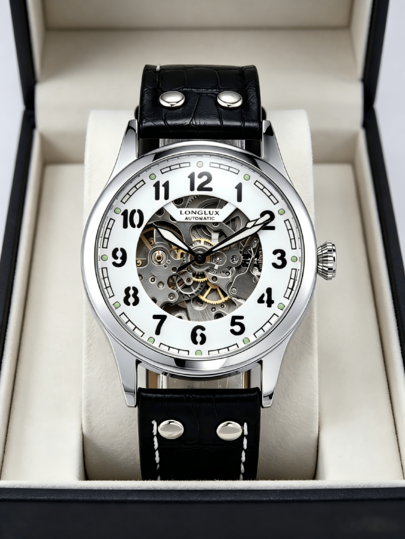 1 pièce Montre mécanique automatique pour hommes LONGLUX, montre de pilote vintage à cadran ajouré et luminescent avec bracelet , convient pour le port quotidien et comme cadeau de vacances