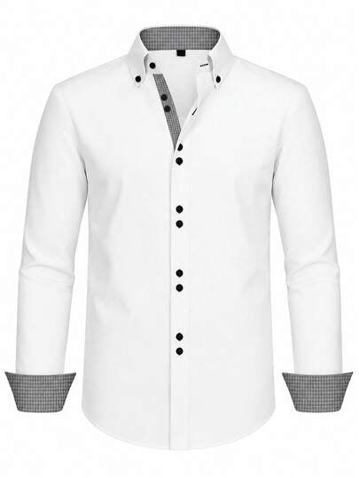 Manfinity Mode Chemise blanche à boutons manches longues pour hommes, chemise habillée élégante décontractée pour le bureau en été, détails texturés coupe régulière, Top mode et stylé, cérémonie