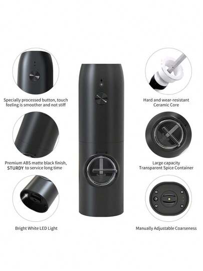 Ensemble de moulin à sel et poivre électrique, moulin automatique rechargeable USB Type-C avec base de chargement, grossièreté réglable, plaque de broyage en céramique, lumière LED, utilisation à une main, moulin électrique rechargeable, convient pour la