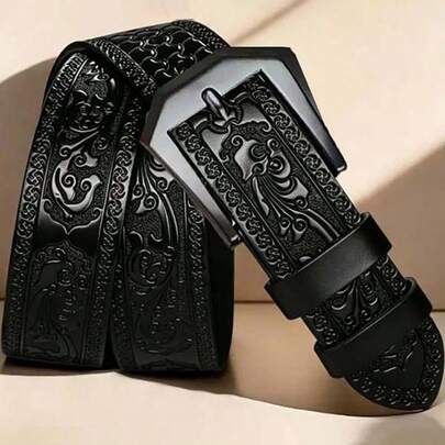 1 pièce Ceinture pour homme avec boucle gaufrée, associée à une boucle en alliage, sangle gaufrée exquise et souple, convient pour les tenues décontractées et professionnelles, les jeans, cadeau idéal pour le père ou le mari à Halloween|Noël - Élégant, du