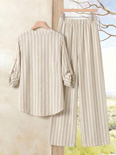 Rusticease Ensemble 2 pièces chemise à manches longues et pantalon décontracté pour femmes, tenue rayée, vêtements décontractés pour femmes, style de rue, convient pour les trajets quotidiens, les rendez-vous, les rassemblements, l'automne/l'hiver/le prin