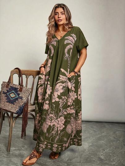 Freevana Robe estivale imprimée fleurs à manches courtes et poches pour femmes grandes tailles