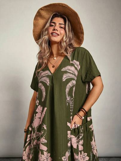 Freevana Robe estivale imprimée fleurs à manches courtes et poches pour femmes grandes tailles