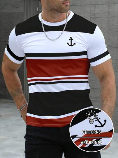 Manfinity Dauomo T-shirt rayé minimaliste à col rond et manches courtes pour homme, tenue décontractée pour tous les jours