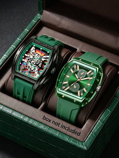 2 pièces/Set Montre quartz pour hommes, style business décontracté, cadran carré ajouré, bracelet en silicone vert, convient pour le port quotidien, l'assortiment de tenues, la saison de la remise des diplômes, divers cadeaux de fête pour les amis et le p