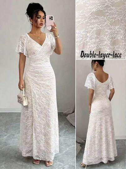 Elenzga Robe longue d'été pour femme, nouvelle, premium, blanche, en maille, col V croisé, élastique, avec manches à volants en dentelle, ourlet plissé asymétrique fendu, élégante et raffinée, pour demoiselle d'honneur, fête et mariage