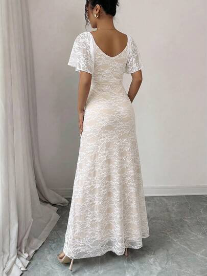 Elenzga Robe longue d'été pour femme, nouvelle, premium, blanche, en maille, col V croisé, élastique, avec manches à volants en dentelle, ourlet plissé asymétrique fendu, élégante et raffinée, pour demoiselle d'honneur, fête et mariage