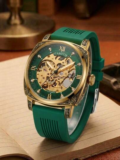 1 pièce Montre-bracelet mécanique automatique pour hommes, lumineuse, gravée, design ajouré, style élégant et polyvalent pour les affaires