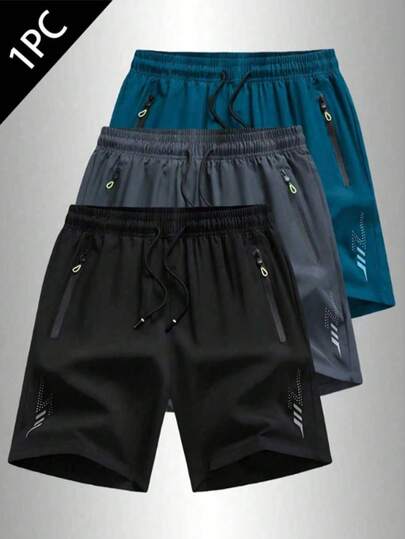 Short de sport décontracté noir pour homme avec poches zippées et imprimé éclair