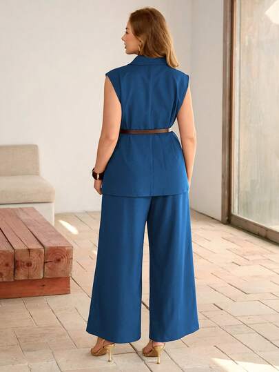 Roveilla Blazer grande taille de couleur unie avec décoration de gros boutons métalliques, fausses poches, tissu composite, sans doublure, sans manches, couleur châtaigne + Pantalon droit ample à taille élastique avec poches, style élégant français vintag