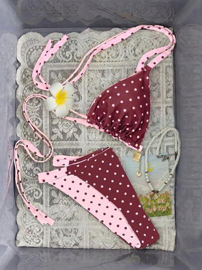 Swim Mod 2026 Nouveau Printemps/Été Ensemble Bikini 2 Pièces Réversible à Pois Imprimé Aléatoire Doux et Mignon pour Femmes Grandes Tailles, Convient pour la Plage d'Été et les Vacances
