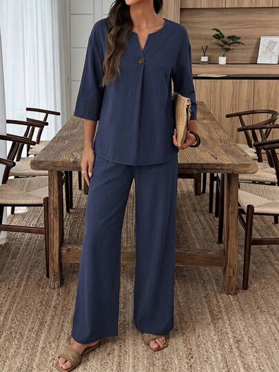 Elenzga Ensemble deux pièces en coton et lin marron avec décoration de boutons, pantalon long à manches trois-quarts, tenue décontractée bohème pour les vacances, les déplacements quotidiens et le bureau au printemps et en été