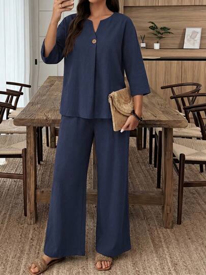 Elenzga Ensemble deux pièces en coton et lin marron avec décoration de boutons, pantalon long à manches trois-quarts, tenue décontractée bohème pour les vacances, les déplacements quotidiens et le bureau au printemps et en été