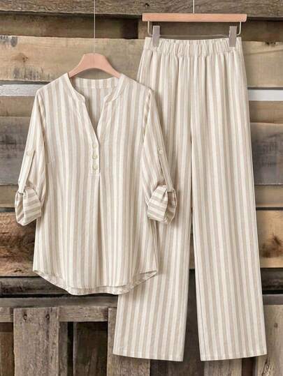 Rusticease Ensemble 2 pièces chemise à manches longues et pantalon décontracté pour femmes, tenue rayée, vêtements décontractés pour femmes, style de rue, convient pour les trajets quotidiens, les rendez-vous, les rassemblements, l'automne/l'hiver/le prin