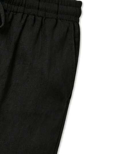 Pantalon droit en lin pour hommes, jambe large, taille haute élastique avec cordon de serrage, pantalon long décontracté en lin ample et respirant, noir sportif