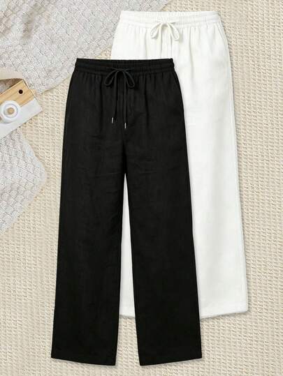 Pantalon droit en lin pour hommes, jambe large, taille haute élastique avec cordon de serrage, pantalon long décontracté en lin ample et respirant, noir sportif