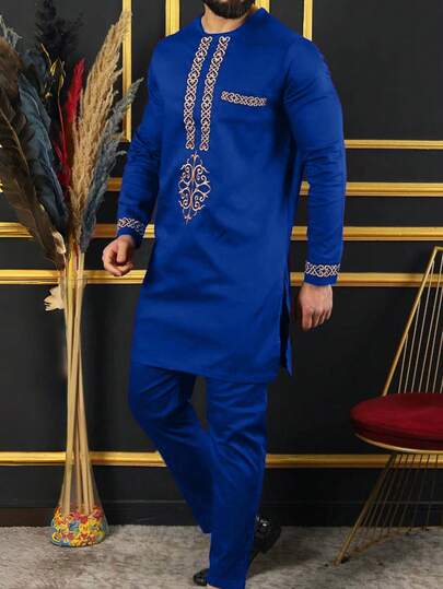 2 pièces Ensemble de tenue traditionnelle africaine Dashiki pour hommes, costume pantalon de luxe à manches longues, tenue élégante bleue arabe