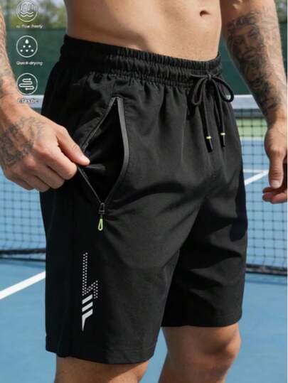 Short de sport décontracté noir pour homme avec poches zippées et imprimé éclair