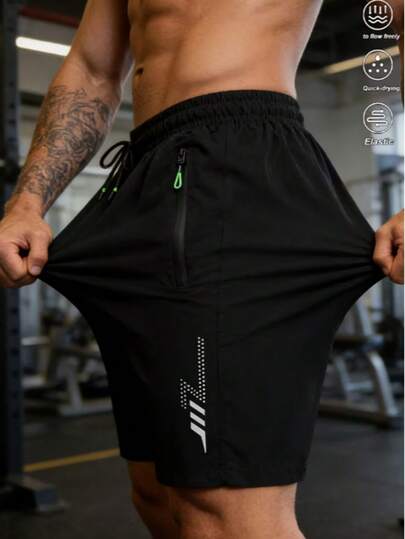 Short de sport décontracté noir pour homme avec poches zippées et imprimé éclair