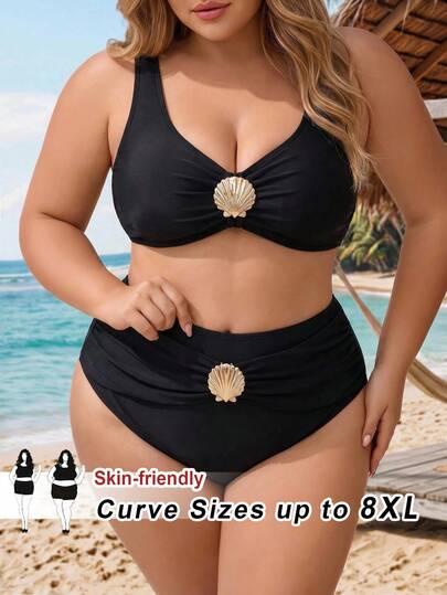 CURVE+ Ensemble de maillot de bain grande taille 2026 couleur unie décoré de coquillages plage été tropical