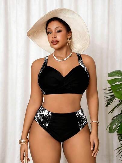 Slaydiva Ensemble de bikini grande taille pour femmes, style plage d'été, vacances tropicales, imprimé léopard rose, décontracté et sexy, taille haute, multi-volants