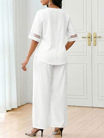 Ensemble 2 pièces blouse élégante col V et pantalon pour femmes