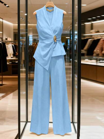 Franclia Ensemble 2 pièces élégant pour femmes, pantalon long asymétrique sans manches avec fronces et boutons métalliques, collection Printemps/Été 2026