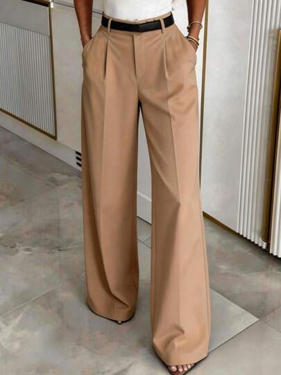 Pantalon de travail femme minimaliste kaki à taille haute, jambes larges plissées, pli avant, coupe fluide, longueur intégrale, bas décontractés pour le trajet