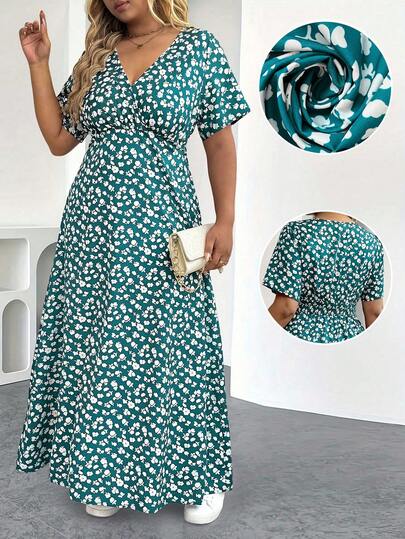 EMERY ROSE Robe bohème maxi grande taille, nouveau style niche à fleurs liberty, mode col V à pois, manches courtes