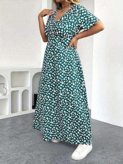 EMERY ROSE Robe bohème maxi grande taille, nouveau style niche à fleurs liberty, mode col V à pois, manches courtes