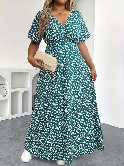 EMERY ROSE Robe bohème maxi grande taille, nouveau style niche à fleurs liberty, mode col V à pois, manches courtes