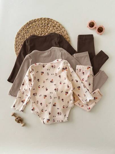 3 pièces de barboteuses d'automne mignonnes et décontractées à manches longues avec motif floral en tricot élastique pour bébé fille nouveau-né