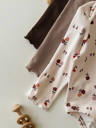 3 pièces de barboteuses d'automne mignonnes et décontractées à manches longues avec motif floral en tricot élastique pour bébé fille nouveau-né