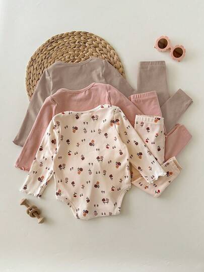 3 pièces Combinaisons mignonnes et décontractées en tricot élastique à motif floral à manches longues pour bébé fille nouveau-né en automne