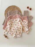 3 pièces Combinaisons mignonnes et décontractées en tricot élastique à motif floral à manches longues pour bébé fille nouveau-né en automne